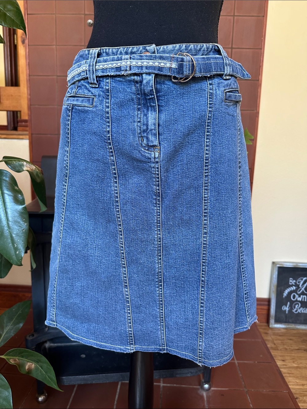 #238- Women’s Mid-Length Blue Denim Skirt with‎ Belt
